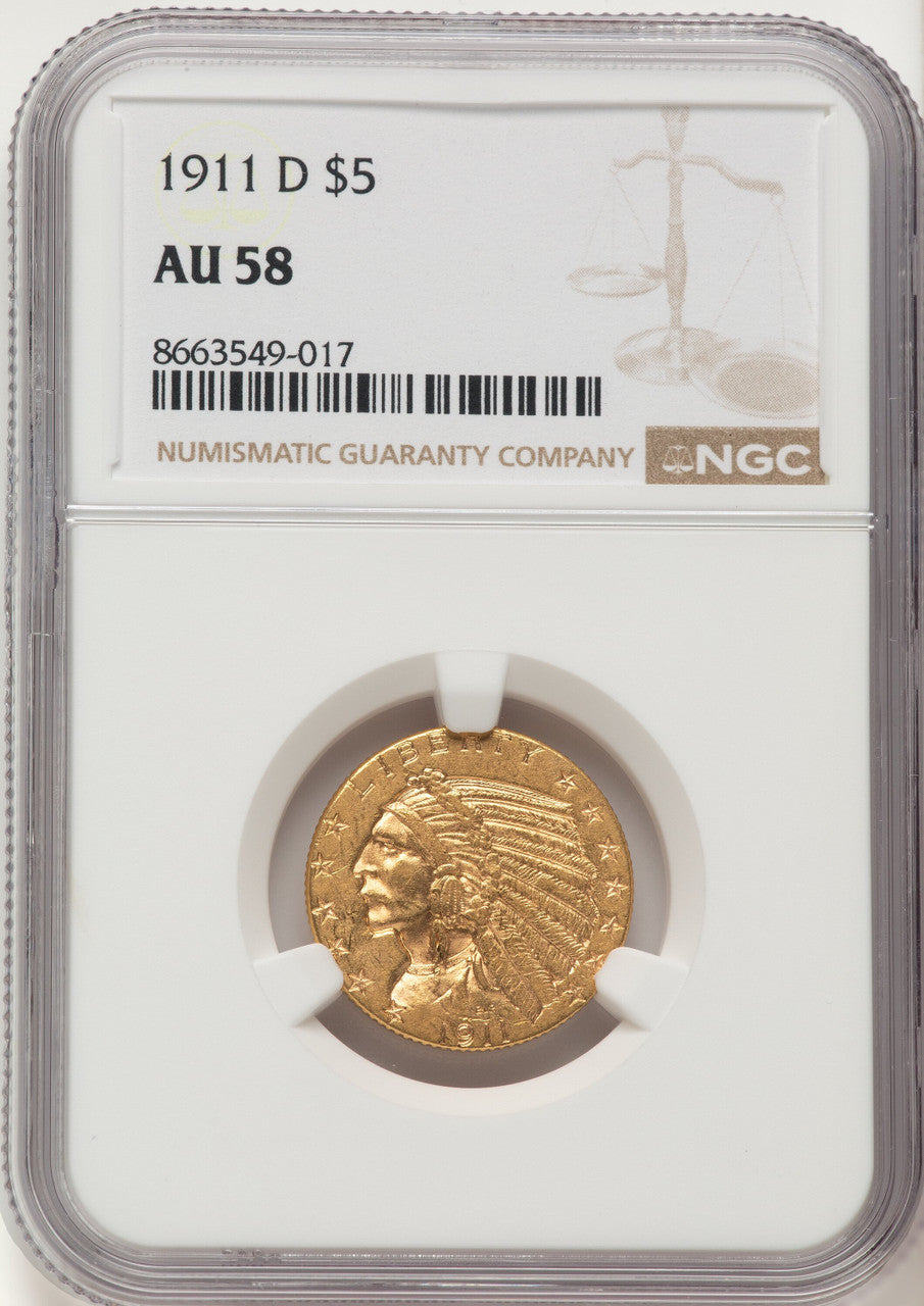 1911-D $5 Indian Half Eagle NGC AU58
