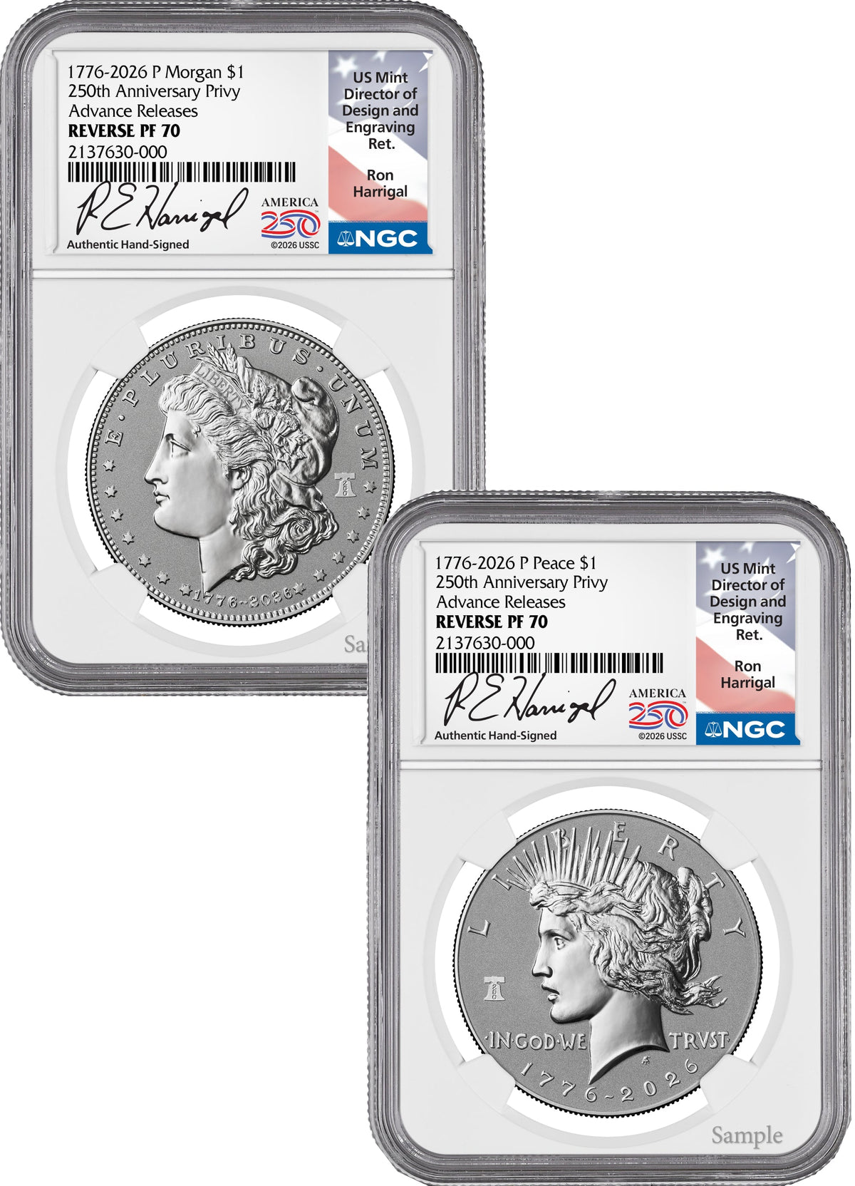 2026-P Morgan and Peace Dollar Reverse Proof 2-Coin Set NGC PF70 Advanced Releases Harrigal America 250 Label