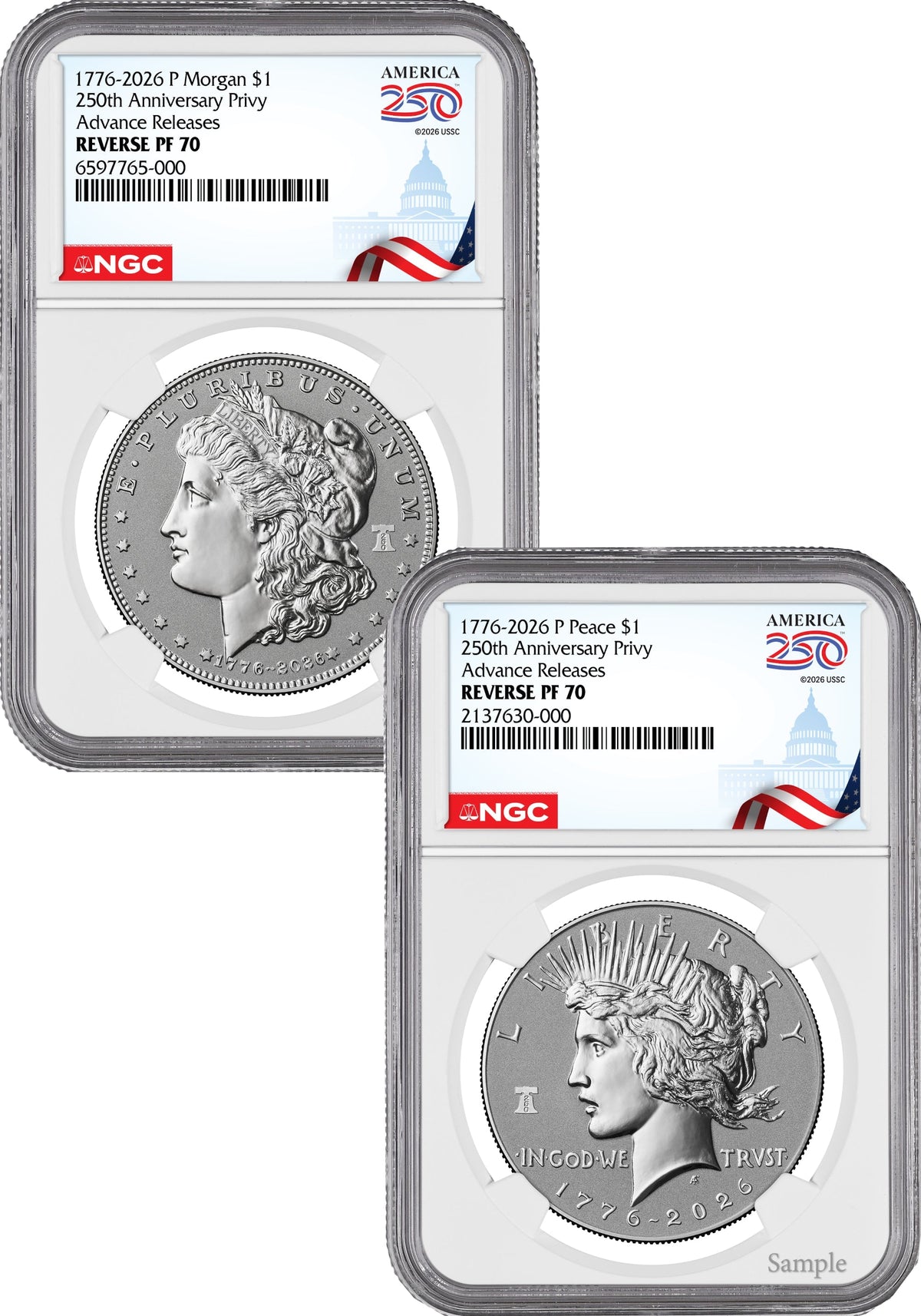 2026-P Morgan and Peace Dollar Reverse Proof 2-Coin Set NGC PF70 Advanced Releases Congress 250 Label