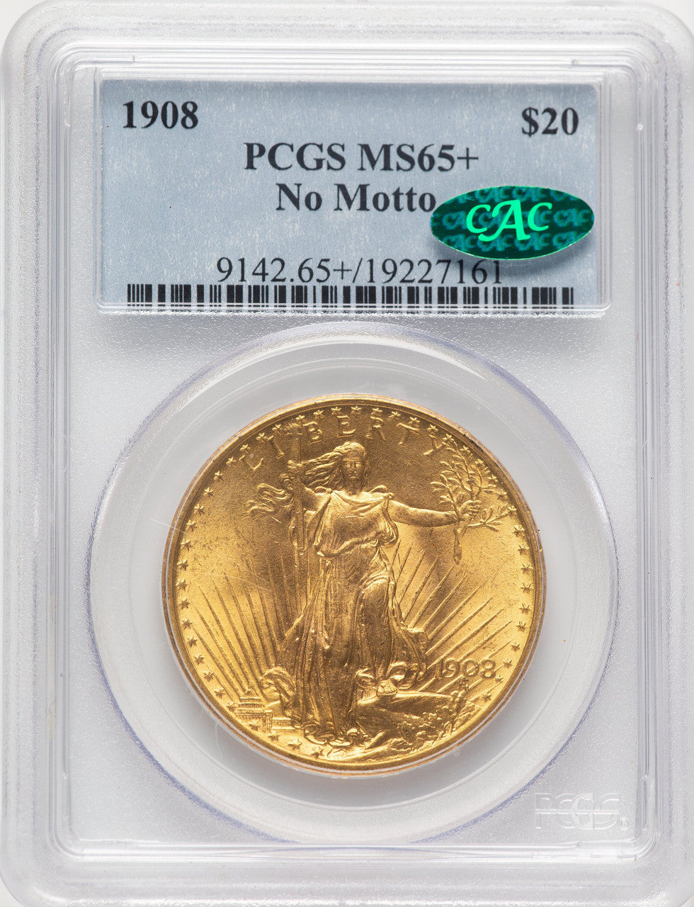 1908 $20 NO MOTTO CAC Saint-Gaudens Double Eagle PCGS MS65+