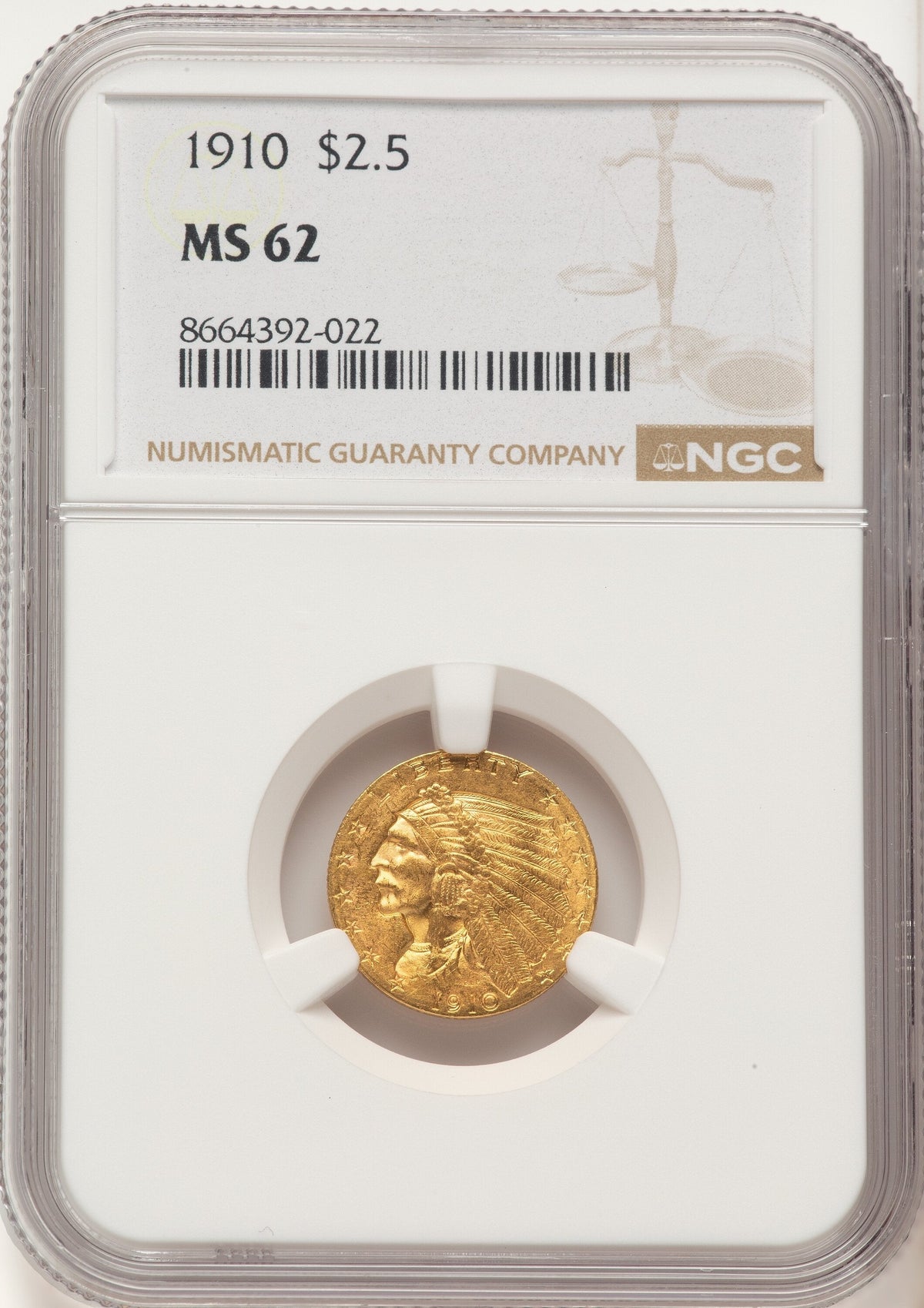 1910 $2.50 Indian Quarter Eagle NGC MS62