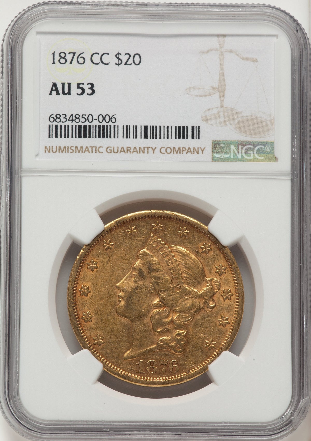 1876-CC $20 Liberty Double Eagle NGC AU53