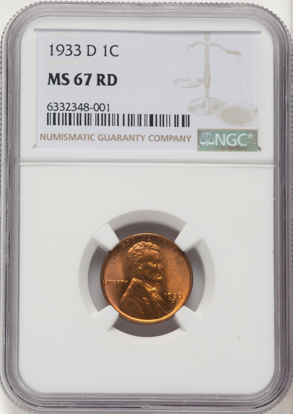 1933-D 1C RD Lincoln Cent NGC MS67