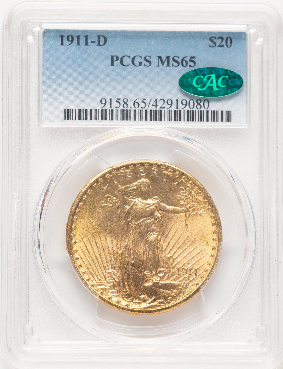 1911-D $20 CAC Blue Gradient Saint-Gaudens Double Eagle PCGS MS65