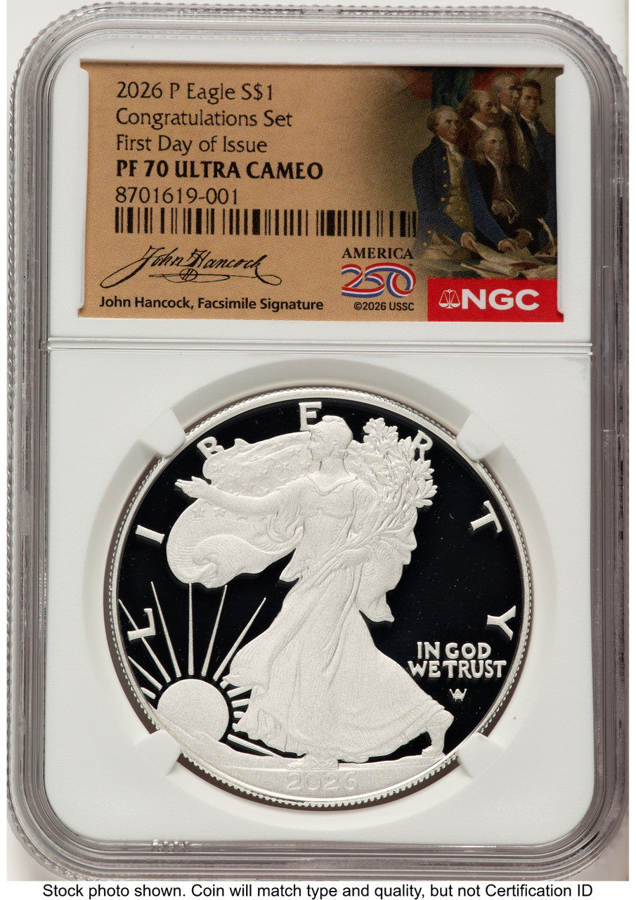 2026-P 1 oz Silver Eagle Congratulations Set FDI 250 NGC PF70 Hancock Label