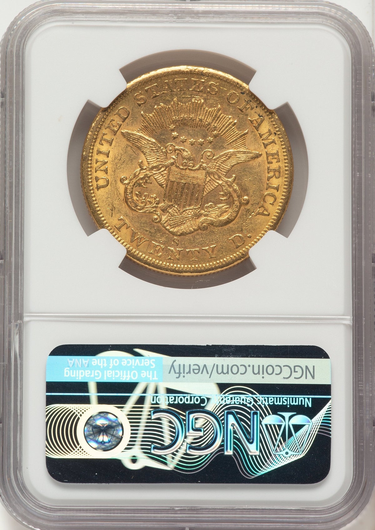 1858-S $20 Liberty Double Eagle NGC AU55