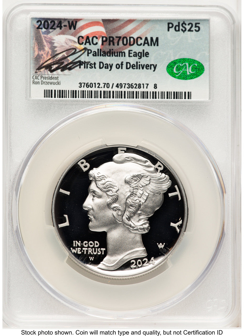 2024-W Palladium Eagle 1 oz First Day of Delivery Ron Drzewuki CACG PR70 (771963053)