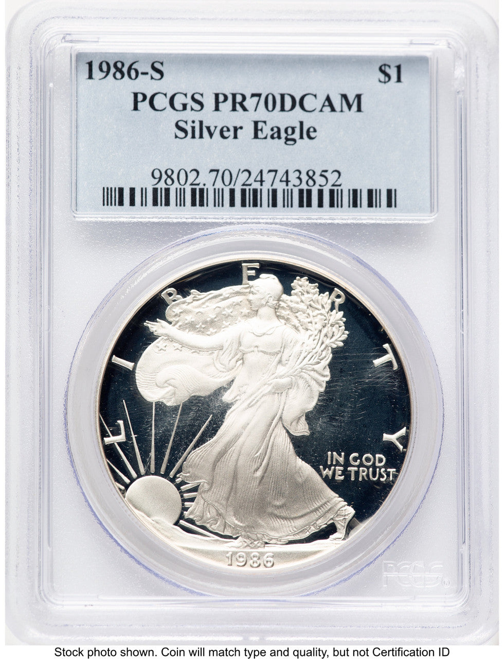 1986-S Proof Silver Eagle 1 oz Blue Label PCGS PR70 (773288022)