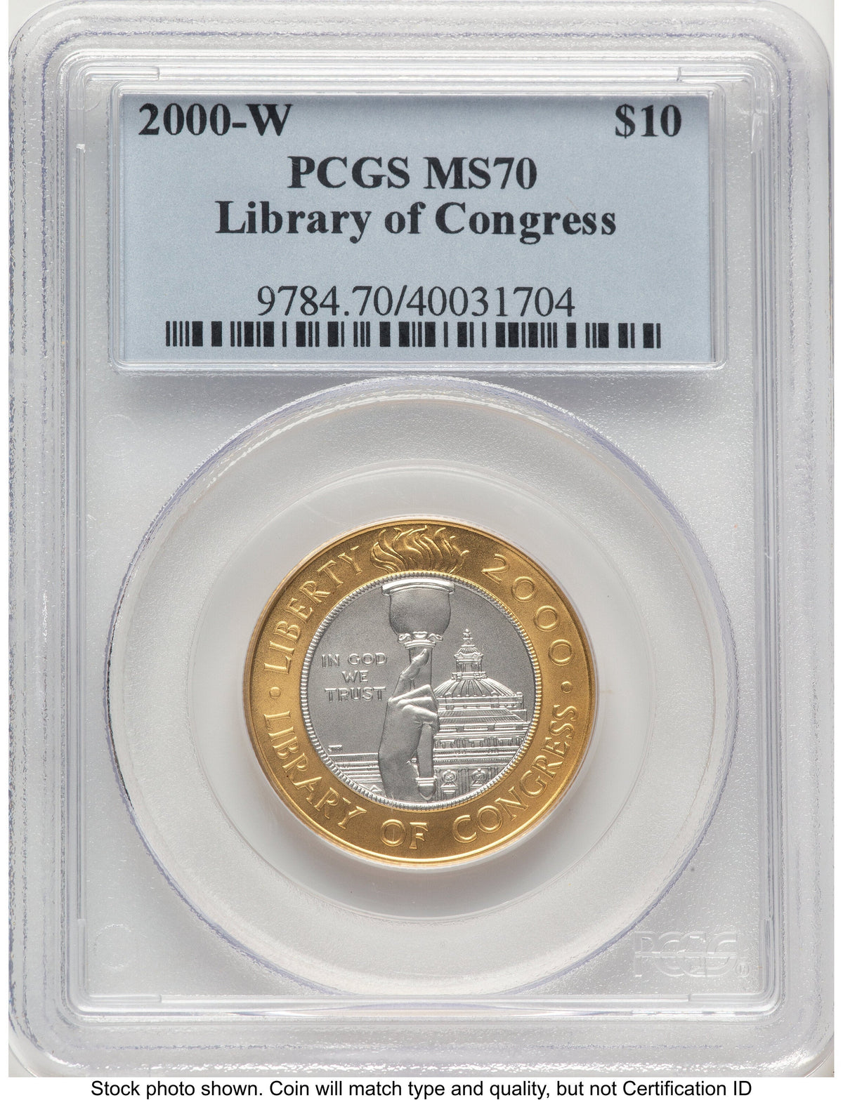 2000-W $10 Library of Congress Bi-Metallic Gold 0.2509 oz and Platinum 0.2509 oz Blue Label Modern Issues PCGS MS70