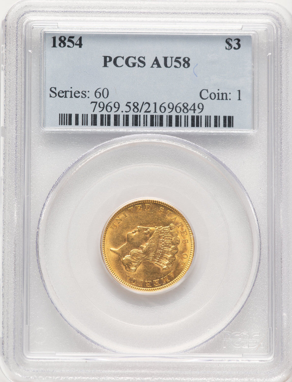 1854 $3 Three Dollar Gold Pieces PCGS AU58