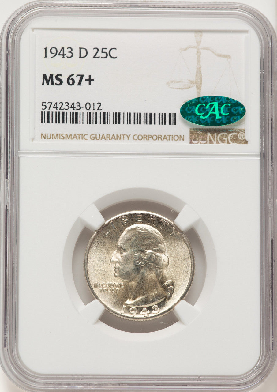 1943-D 25C CAC Washington Quarter NGC MS67+