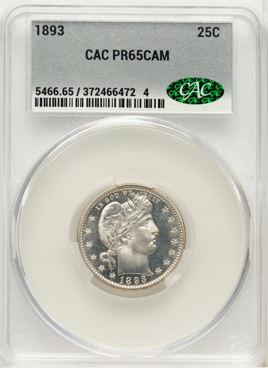 1893 25C CA Proof Barber Quarter CACG PR65