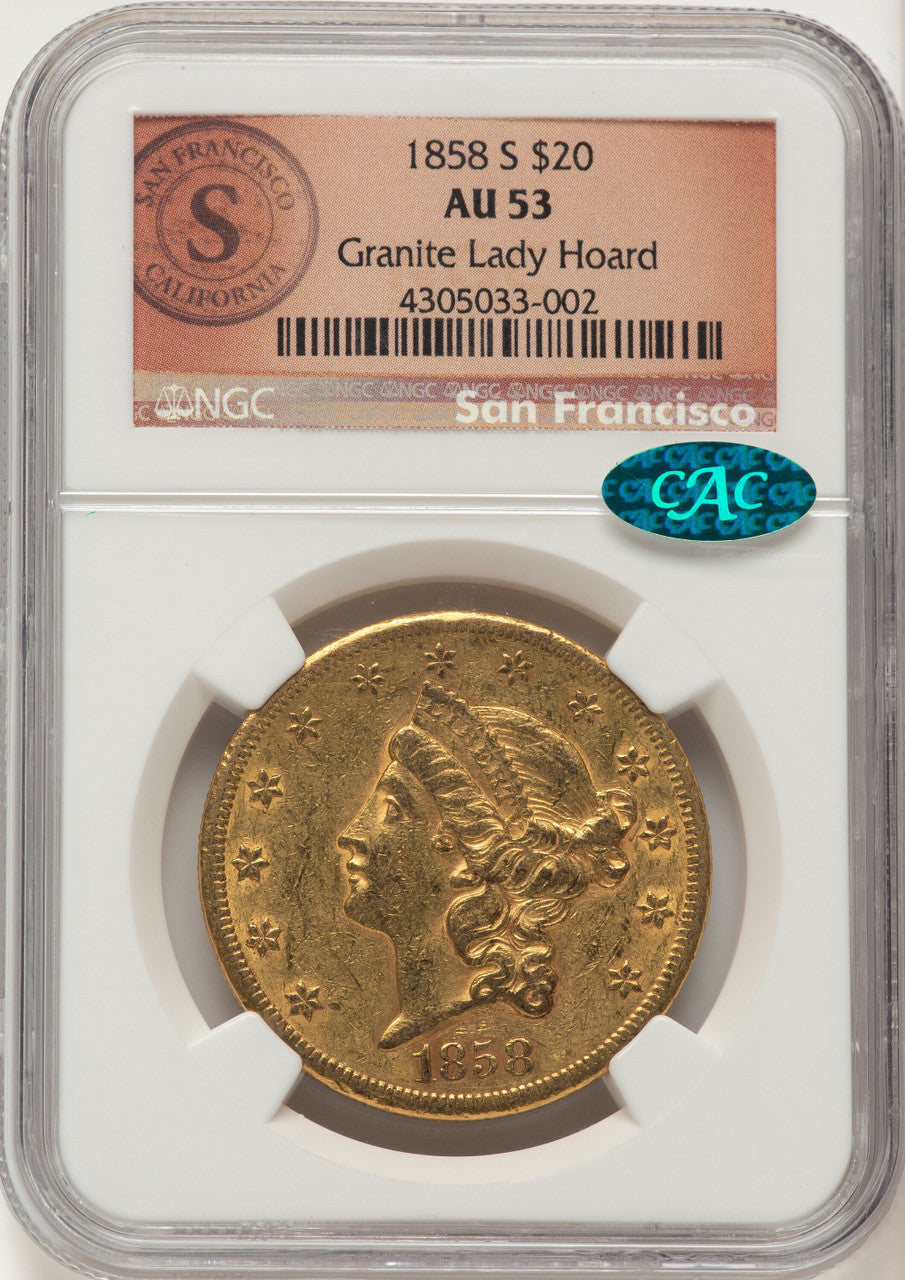1858-S $20 CAC Liberty Double Eagle NGC AU53