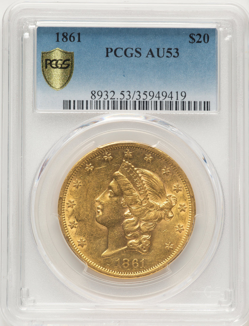 1861 $20 Blue Gradient Liberty Double Eagle PCGS AU53