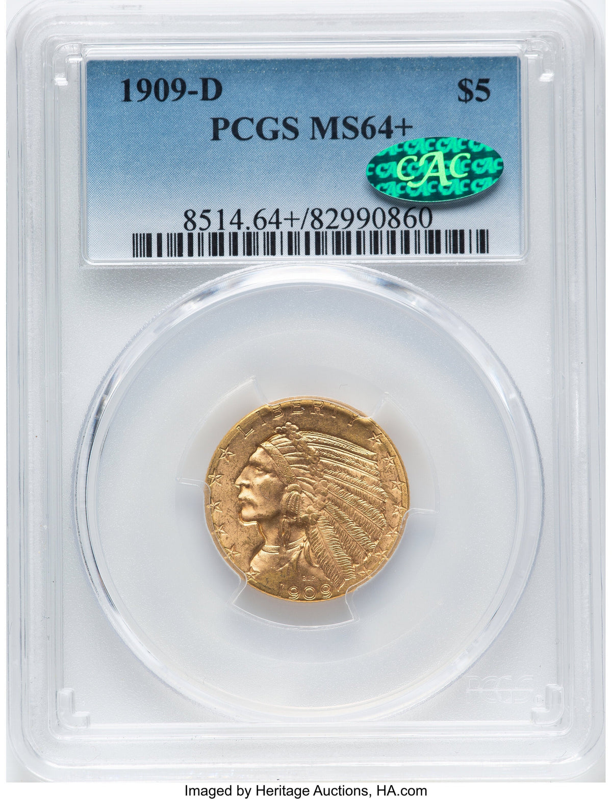 1909-D $5 CAC Indian Half Eagle PCGS MS64+