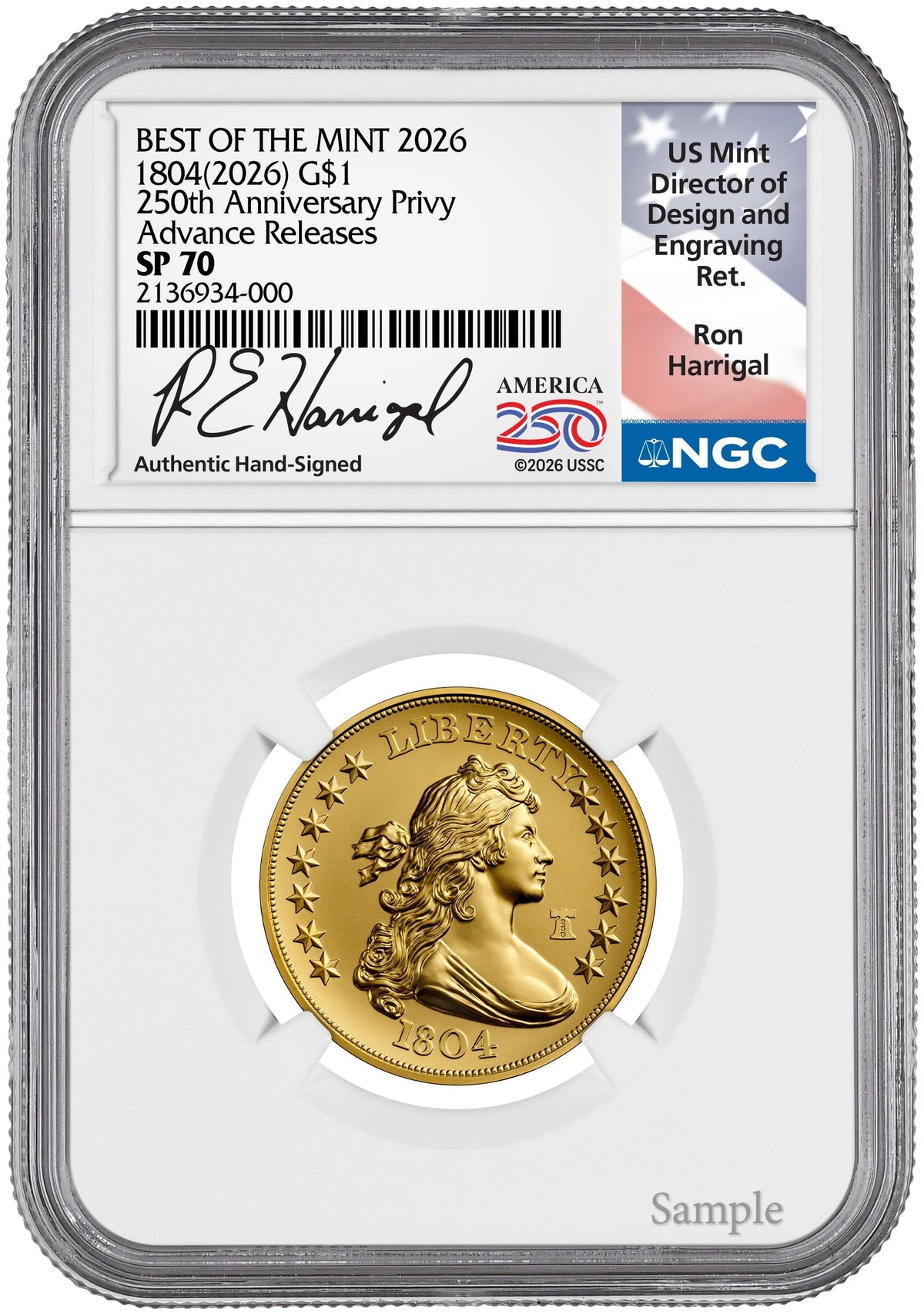 2026 1804 Draped Bust Dollar Gold Coin AR NGC SP70 Harrigal