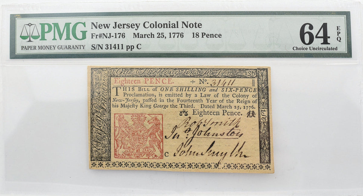 PMG New Jersey Colonial Note 16 Pence CU 64 EPQ