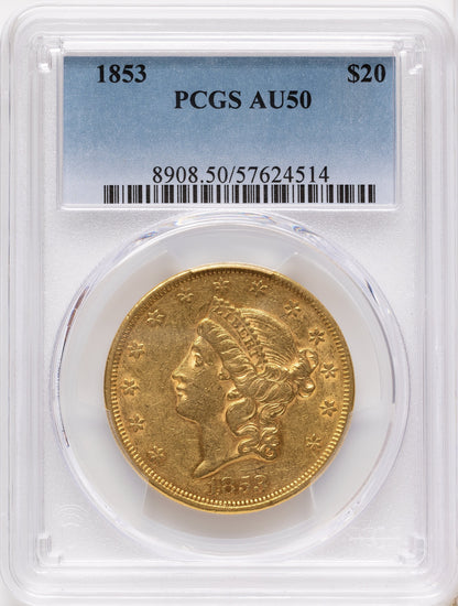 1853 $20 Liberty Double Eagle PCGS AU50