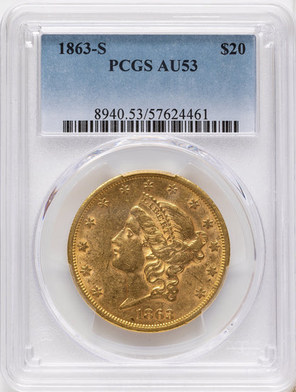 1863-S $20 Liberty Double Eagle PCGS AU53