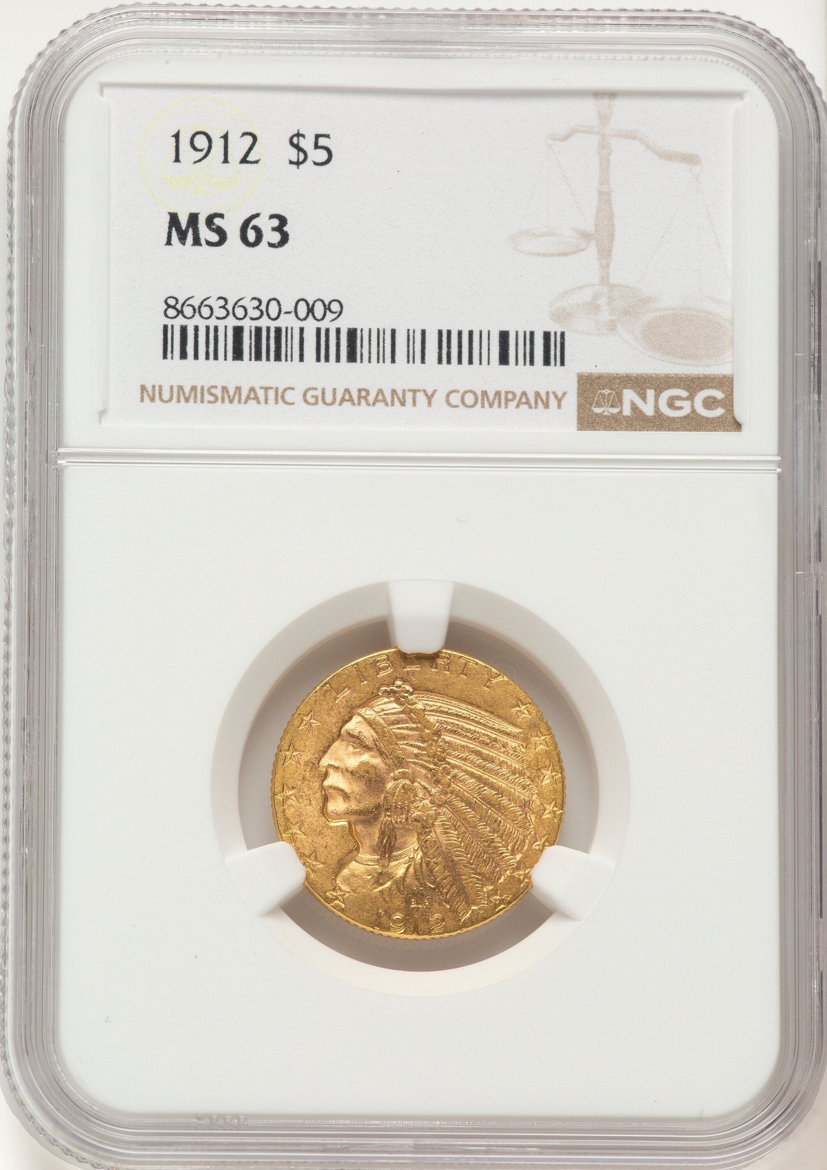 1912 $5 Indian Half Eagle NGC MS63