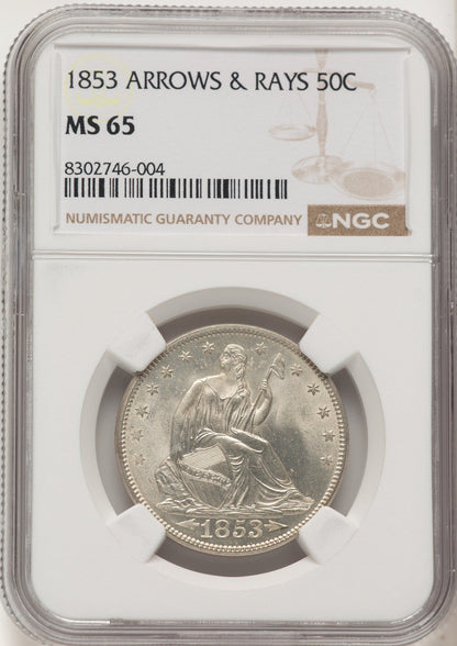 1853 50C Arrow and Rays Seated Half Dollar NGC MS65