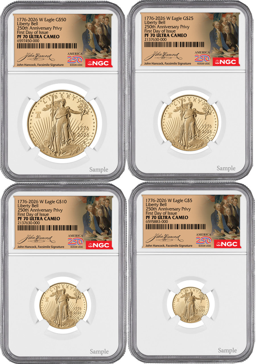 2026-W Proof Gold Eagle 250 Liberty Bell 4-Coin Set FDI NGC PF70 (1776-2026)