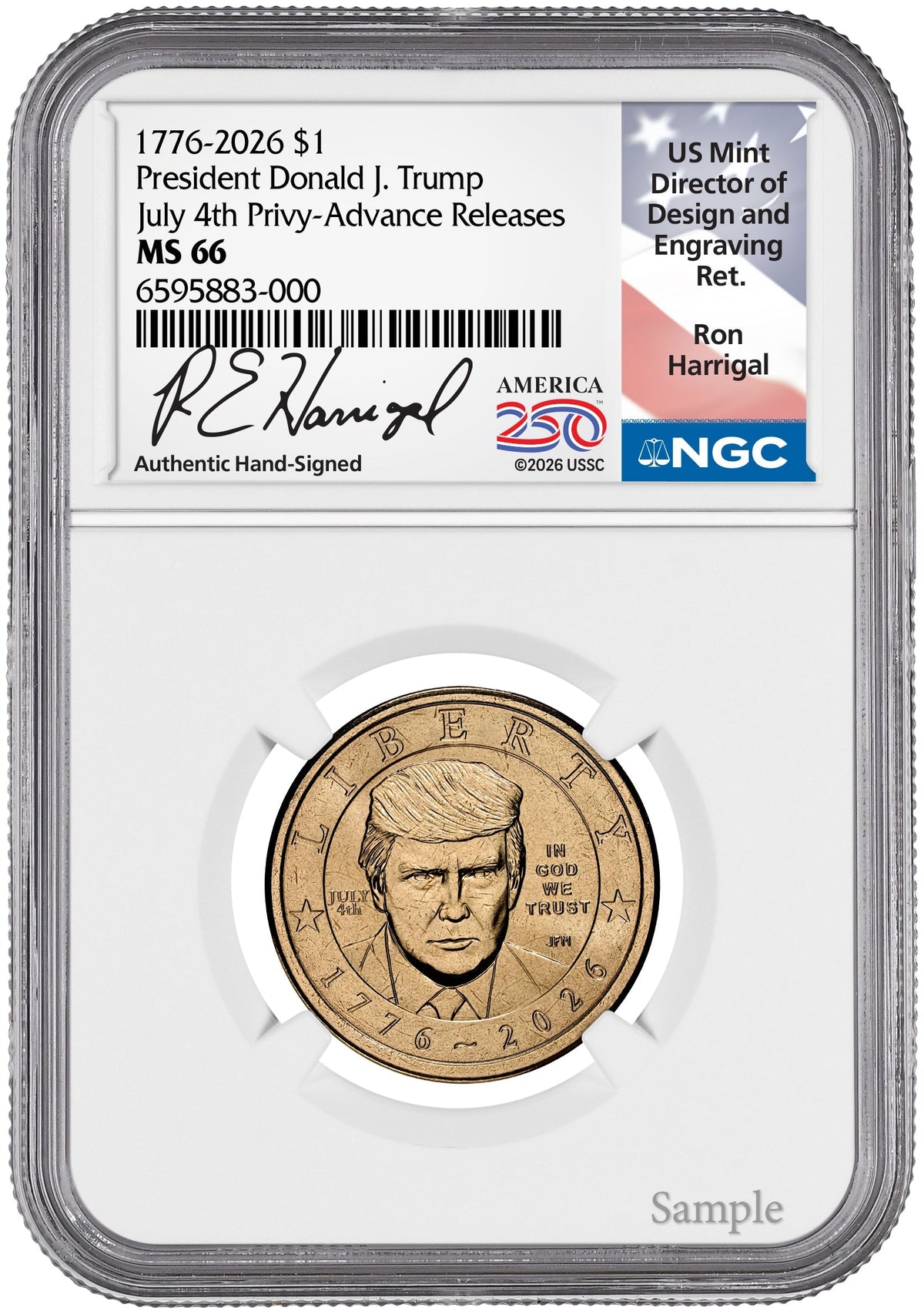 2026 President Donald J. Trump Semiquincentennial July 4th Privy AR NGC MS66 Harrigal