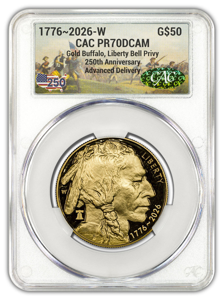 2026-W 1 oz Proof Gold Buffalo AD Liberty Bell CAC PR70 (1776-2026) Battlefield