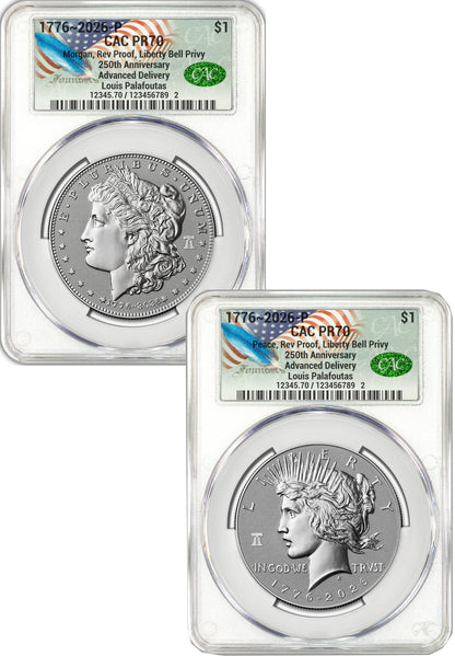 2026-P Morgan and Peace Dollar Reverse Proof 2-Coin Set CAC PR70 Advanced Delivery Founders Label