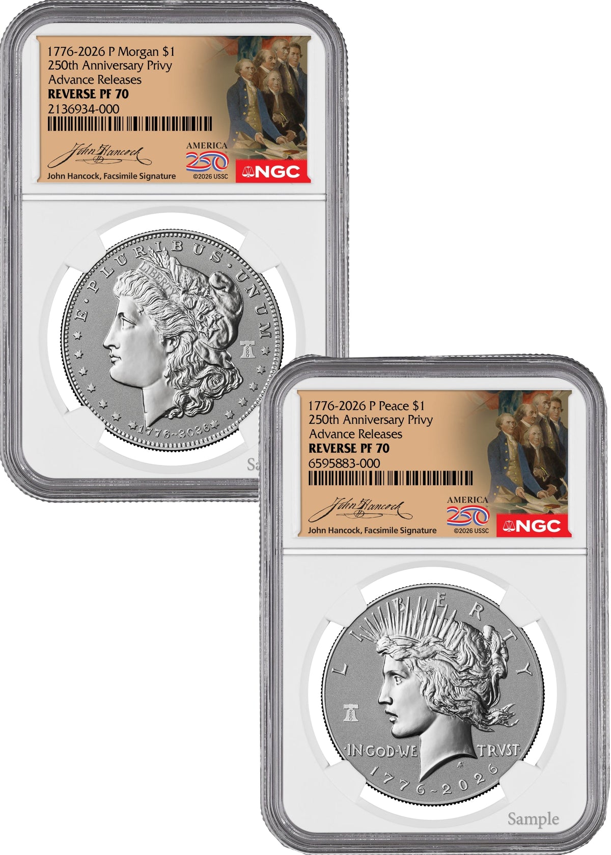 2026-P Morgan and Peace Dollar Reverse Proof 2-Coin Set NGC PF70 Advanced Releases Hancock Label