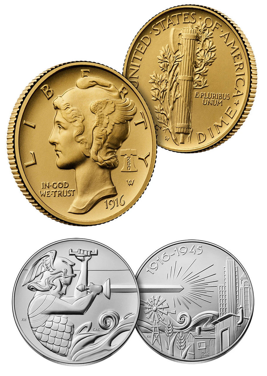 2026-W (P) 1916 Mercury Gold Coin Silver Medal Set FDD CAC MS70/SP70 Battlefield