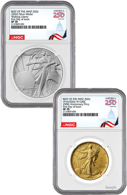 2026-W Gold Walking Liberty Half & Silver Medal Set FDI NGC SP70 Congress