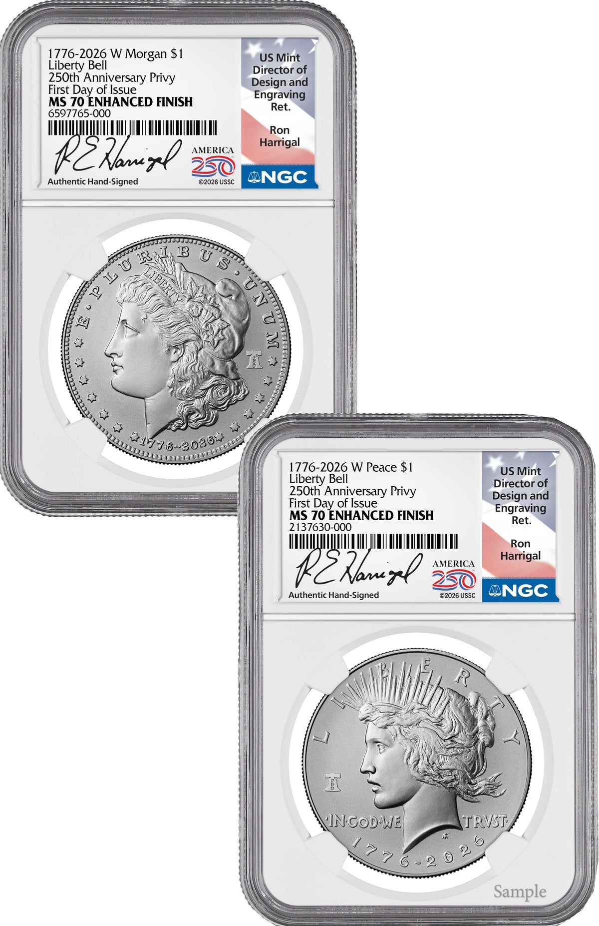 2026-W Morgan and Peace Dollar Enhanced 2-Coin Set NGC MS70 FDI Harrigal Label