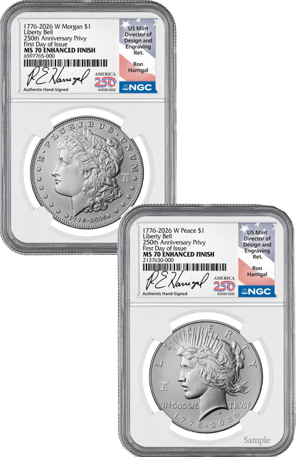 2026-W Morgan and Peace Dollar Enhanced 2-Coin Set NGC MS70 FDI Harrigal Label
