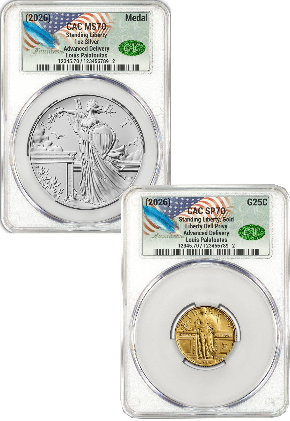 2026 Best of the Mint 1916 Gold Standing Liberty Quarter & Silver Medal Set AD CAC SP70/MS70 Founders