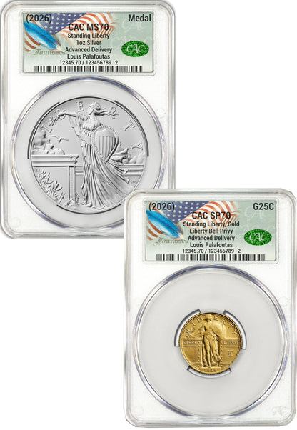 2026 Best of the Mint 1916 Gold Standing Liberty Quarter & Silver Medal Set AD CAC SP70/MS70 Founders