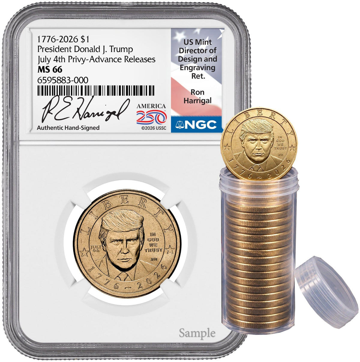2026 President Donald J. Trump Semiquincentennial July 4th Privy AR NGC MS66 Harrigal