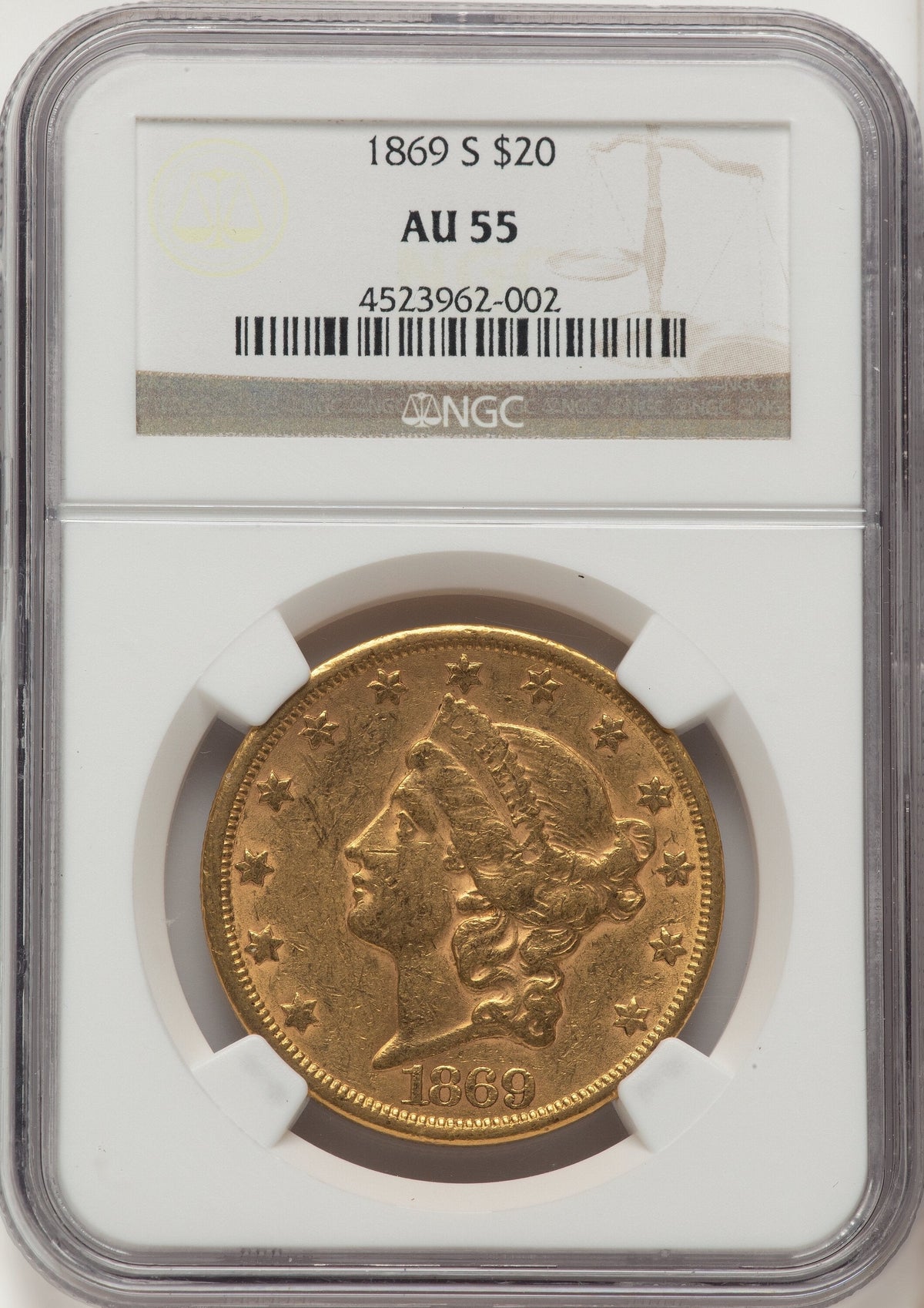 1869-S $20 Liberty Double Eagle NGC AU55