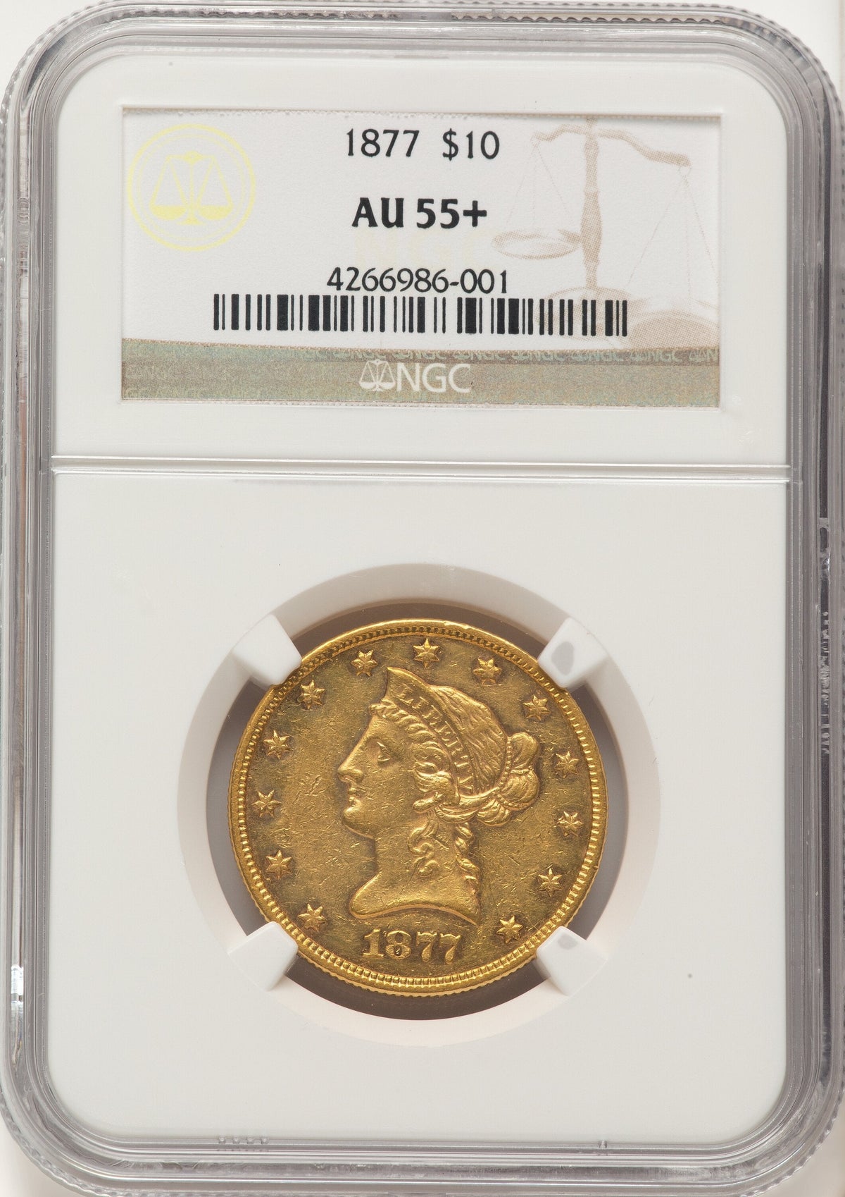 1877 $10 Liberty Eagle NGC AU55+