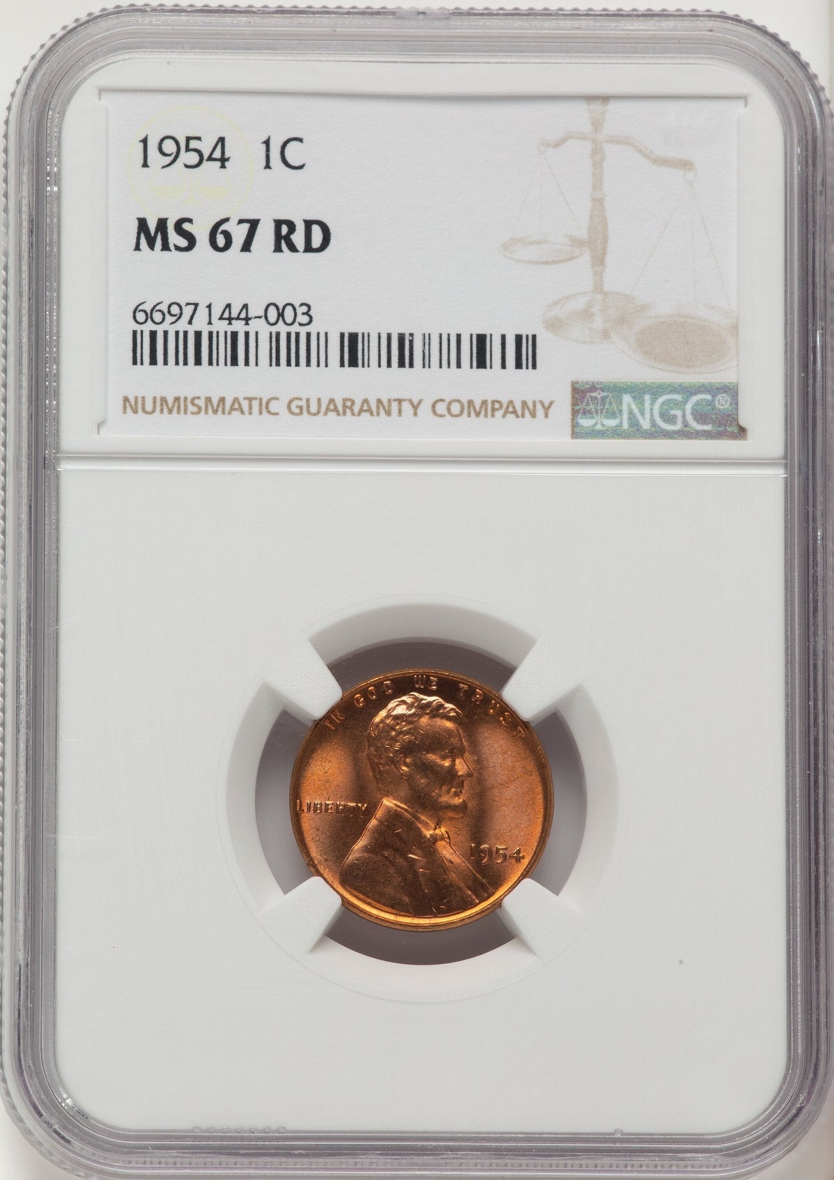 1954 1C RD Lincoln Cent NGC MS67