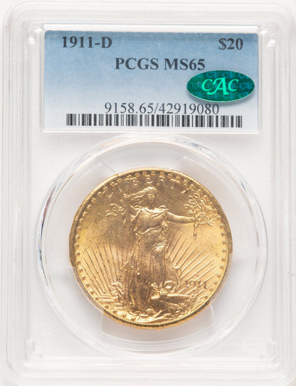 1911-D $20 CAC Blue Gradient Saint-Gaudens Double Eagle PCGS MS65