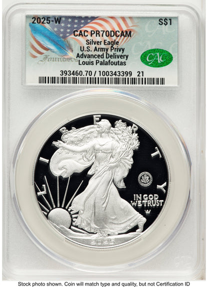 2025-W Proof Silver Eagle Privy U.S. Army 250th Anniversary 1 oz Advanced Delivery Louis Palafoutas CACG PR70