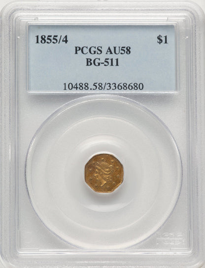 1855/4 Liberty Octagonal 1 Dollar BG-511 High R.4 California Fractional Gold PCGS AU58