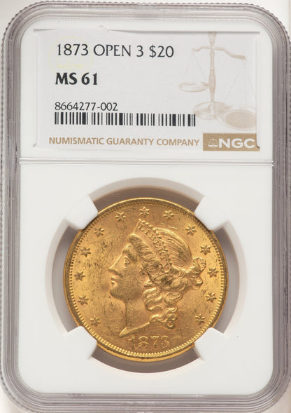 1873 $20 OPEN 3 Liberty Double Eagle NGC MS61