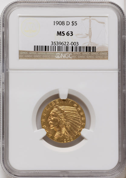 1908-D $5 Indian Half Eagle NGC MS63