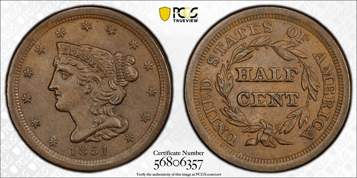 1851 Braided Hair Half Cent 1/2C PCGS MS61BN CAC