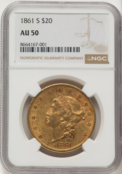 1861-S $20 Liberty Double Eagle NGC AU50