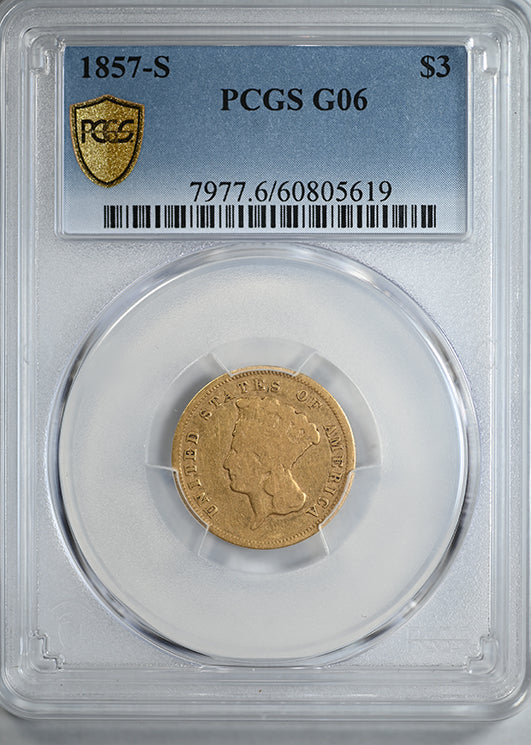 1857-S Indian Princess Gold Three Dollar Piece $3 PCGS G06