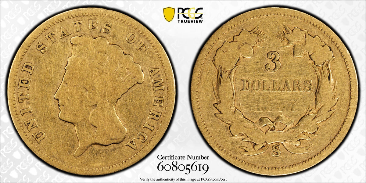 1857-S Indian Princess Gold Three Dollar Piece $3 PCGS G06