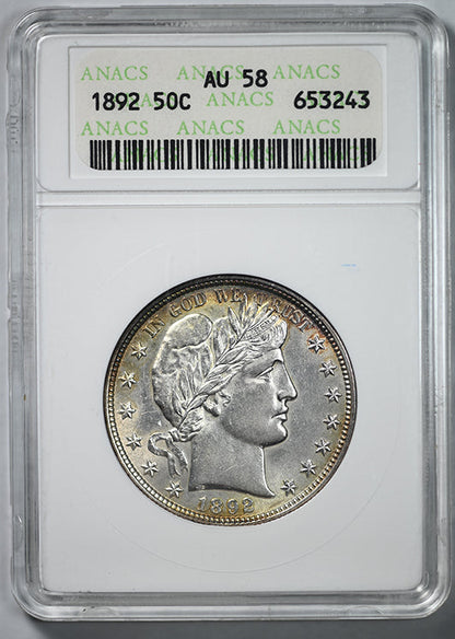 1892 Barber Half Dollar 50C ANACS Soapbox AU58